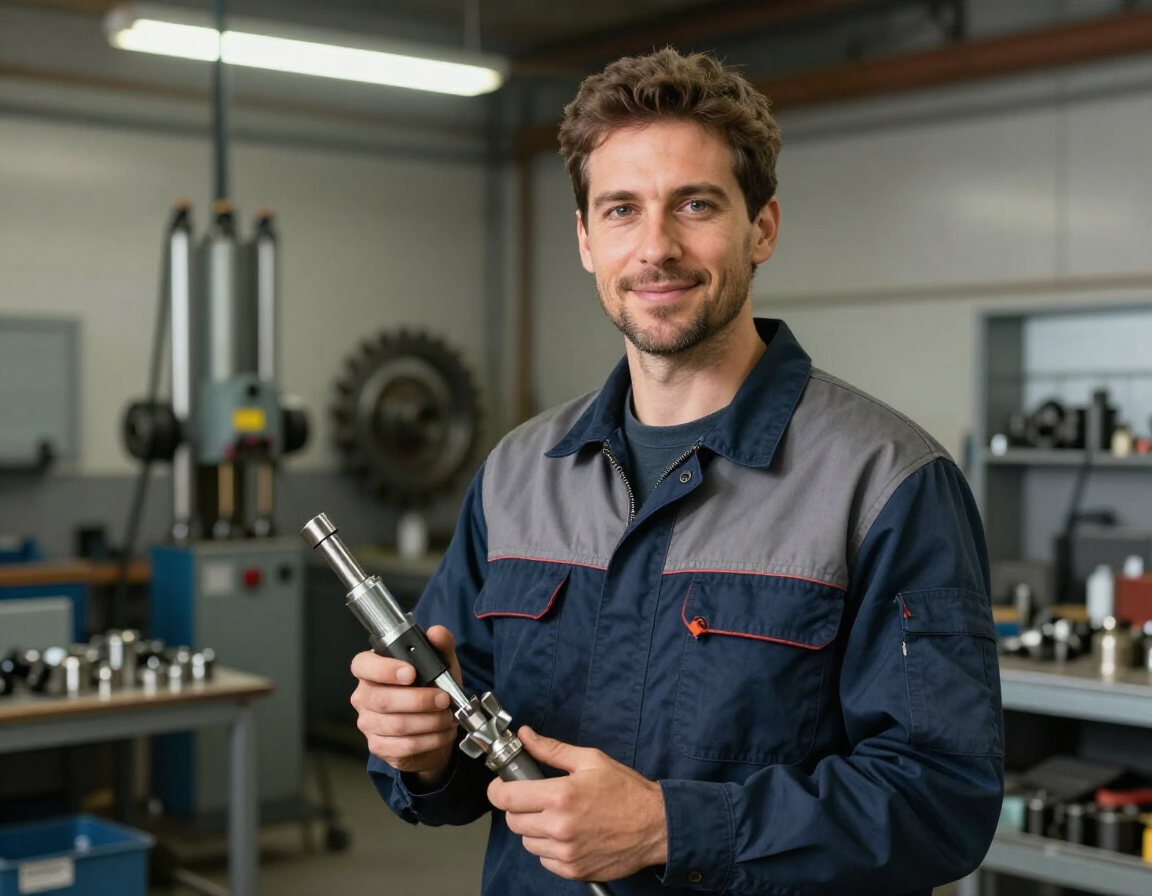 Técnico en un taller sosteniendo una herramienta de metal, con maquinaria y bancos de trabajo al fondo.