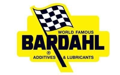 Logotipo de Bardahl con bandera a cuadros blancos y negros sobre fondo amarillo, etiquetado como 