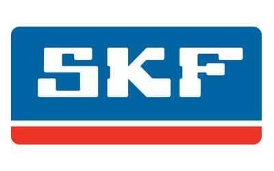Logotipo de SKF en blanco sobre fondo azul con una franja roja debajo.