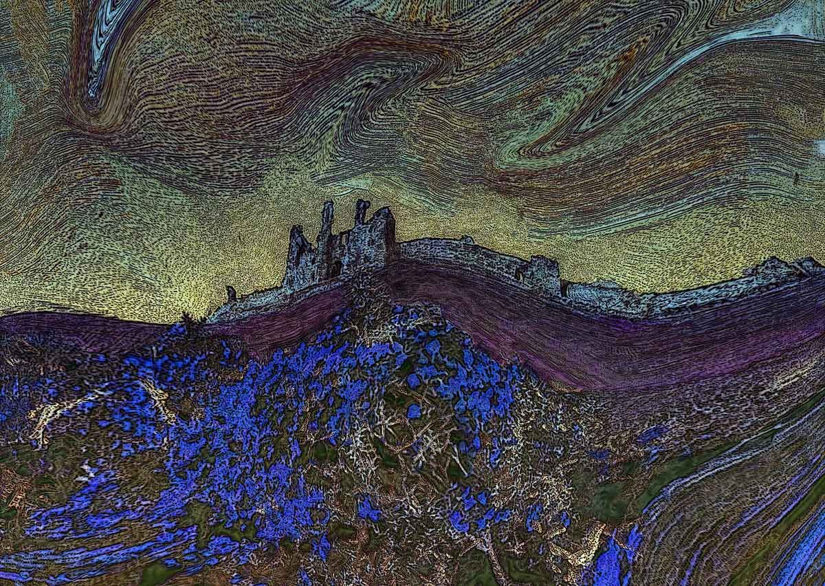 Dunstanburgh by MiE Fielding. Available as a limited edition print. From the book 'The Sound of a Landscape:The Northumberland Coast in art, sound and poetry. Dunstanburgh by MiE Fielding. Available as a limited edition print. From the book 'The Sound of a Landscape:The Northumberland Coast in art, sound and poetry.