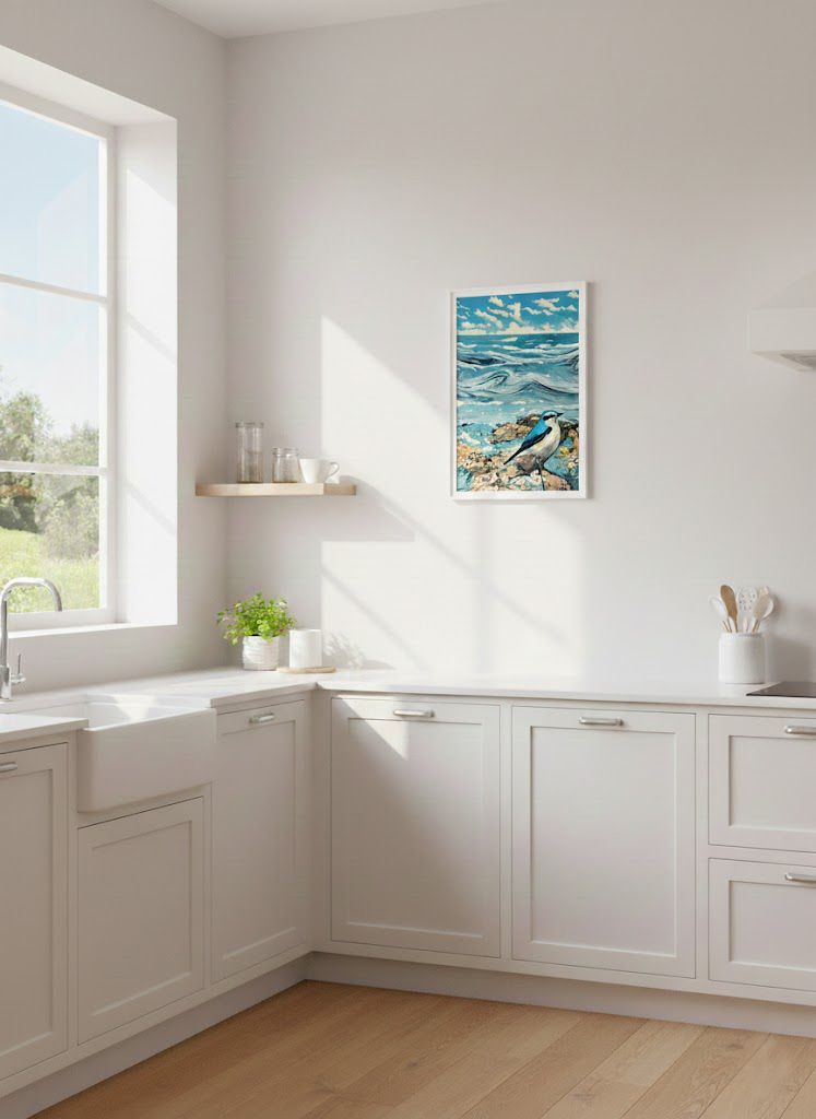 Picture off a male wheatear on a kitchen wall. By Northumberland Author MiE fielding