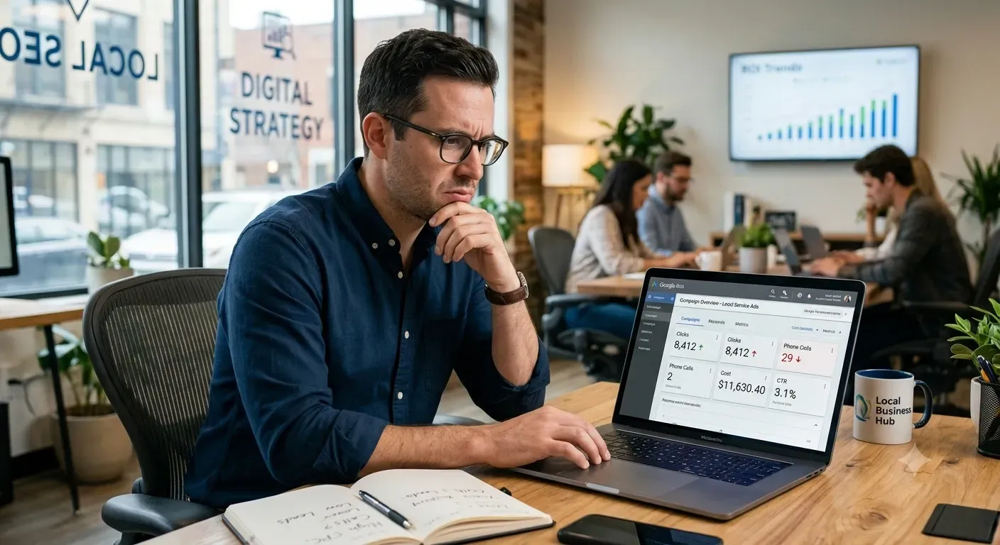 business owner reviewing Google Ads dashboard