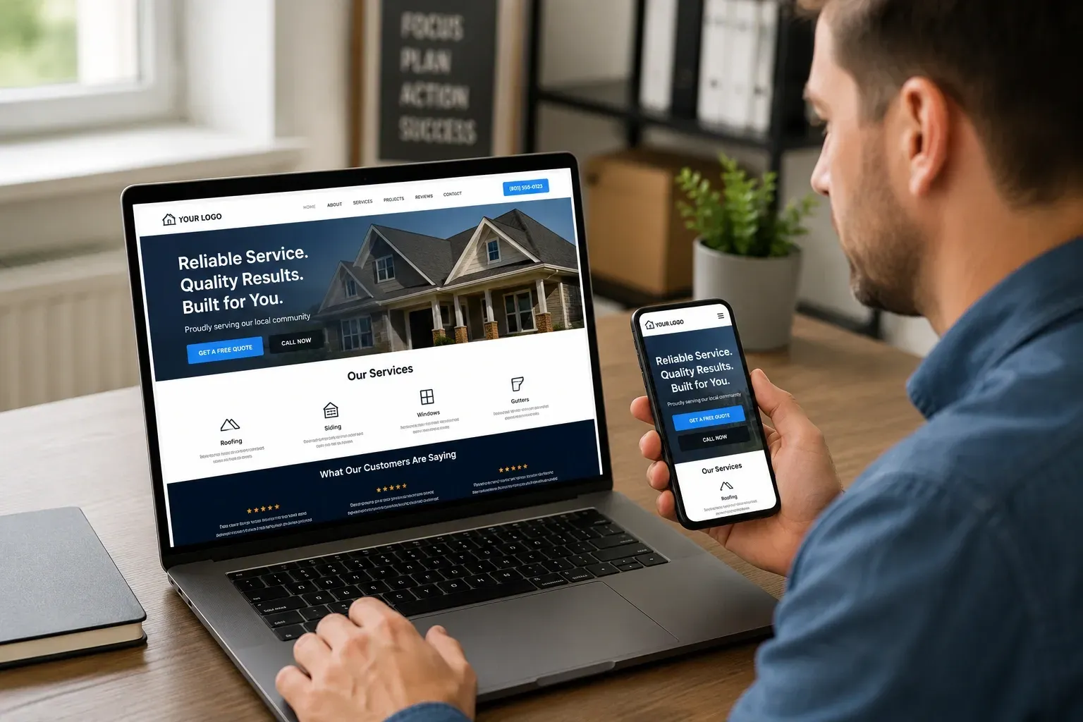 small business owner reviewing a modern website