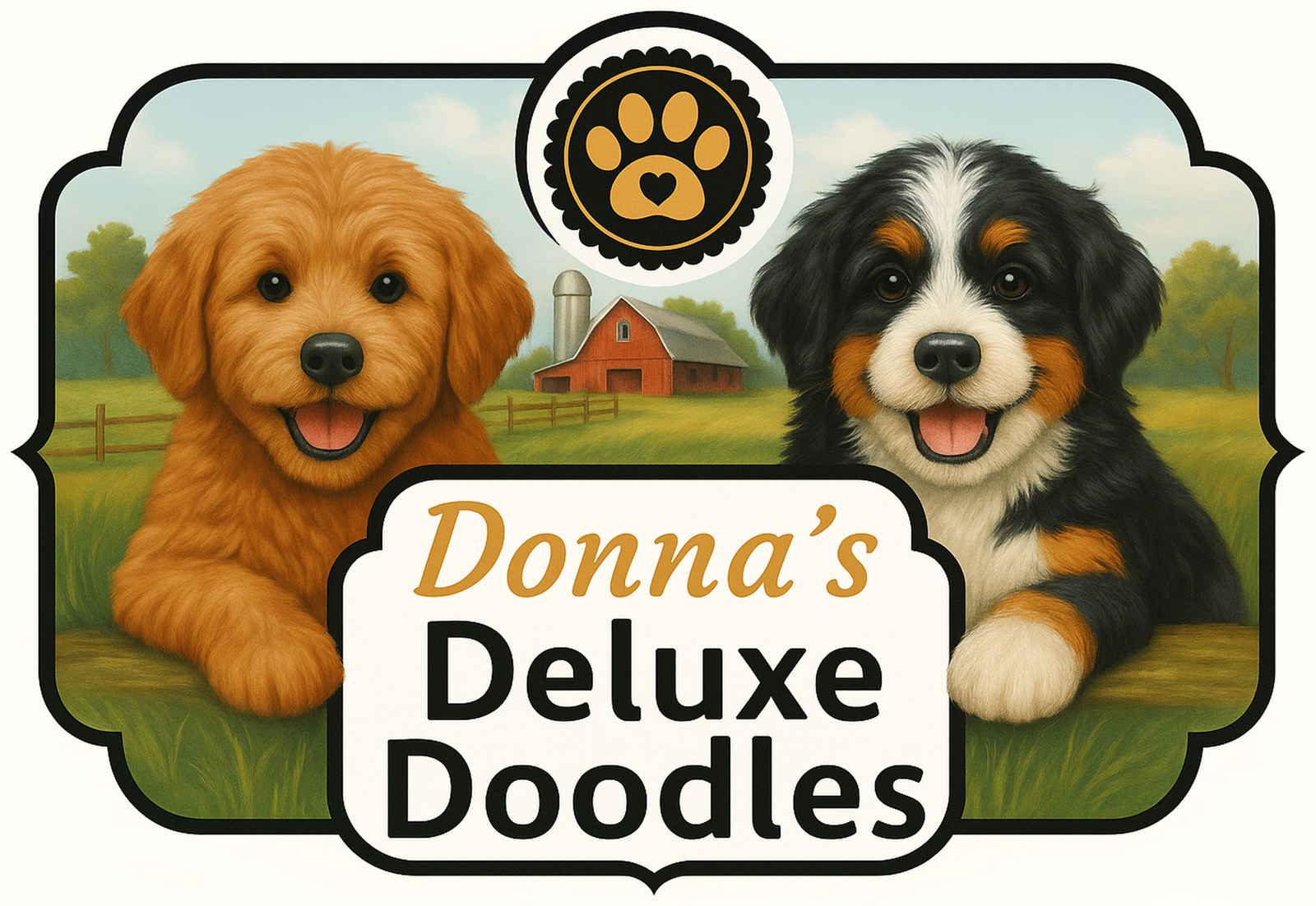 Donna's Deluxe Doodles logo with a Goldendoodle and Bernedoodle puppy