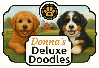 Donna's Deluxe Doodles logo with a Goldendoodle and Bernedoodle puppy