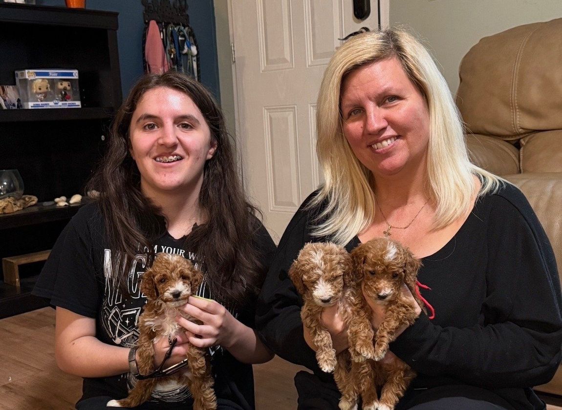 Donna and family holding two red doodle puppies