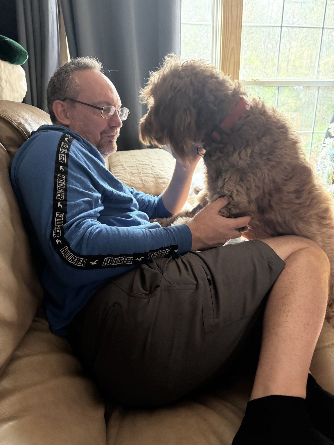 Family member cuddling a big red doodle on the couch