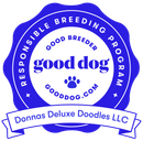A blue and white logo for donnas deluxe doodles llc