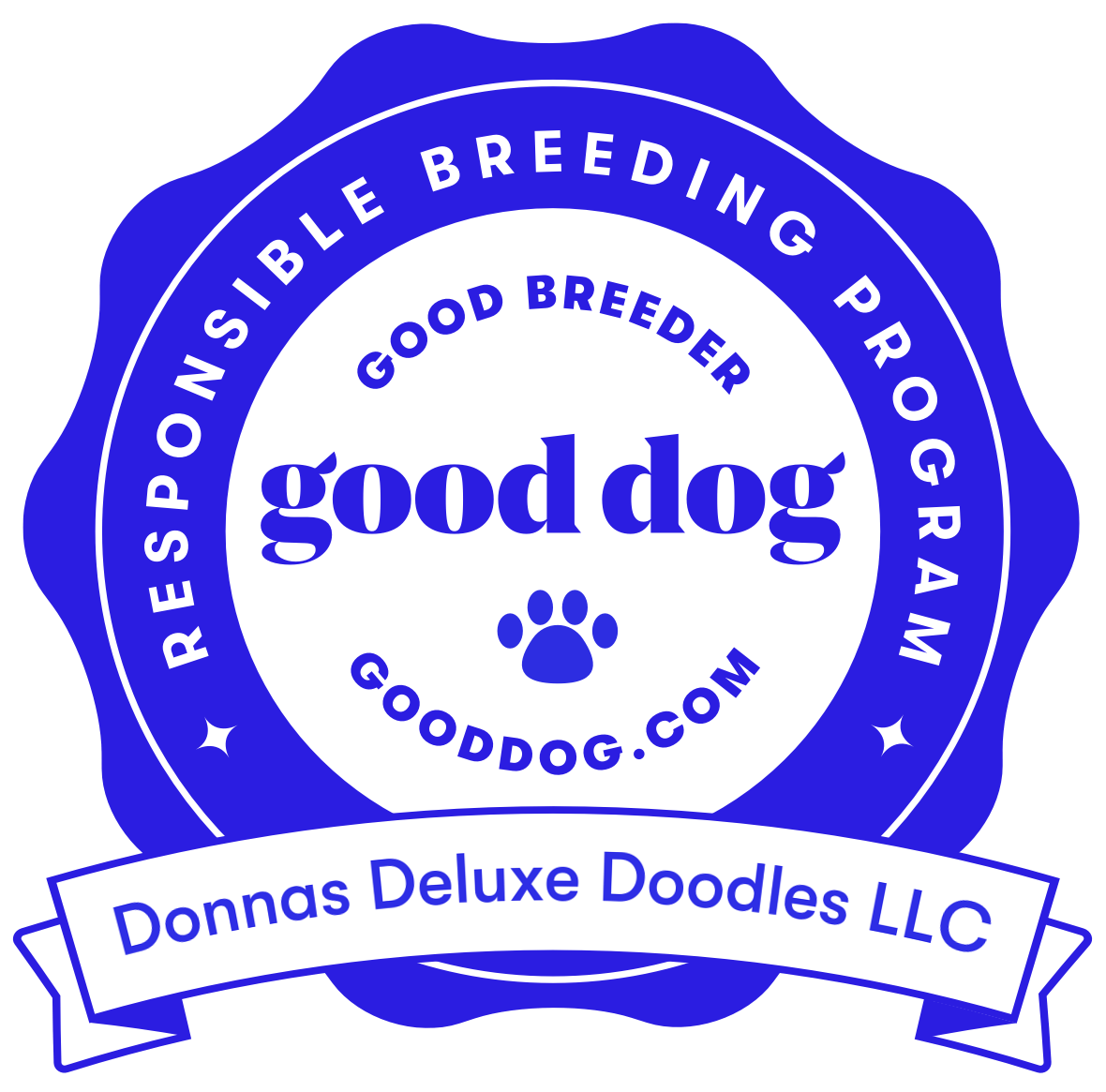 A blue and white logo for donnas deluxe doodles llc