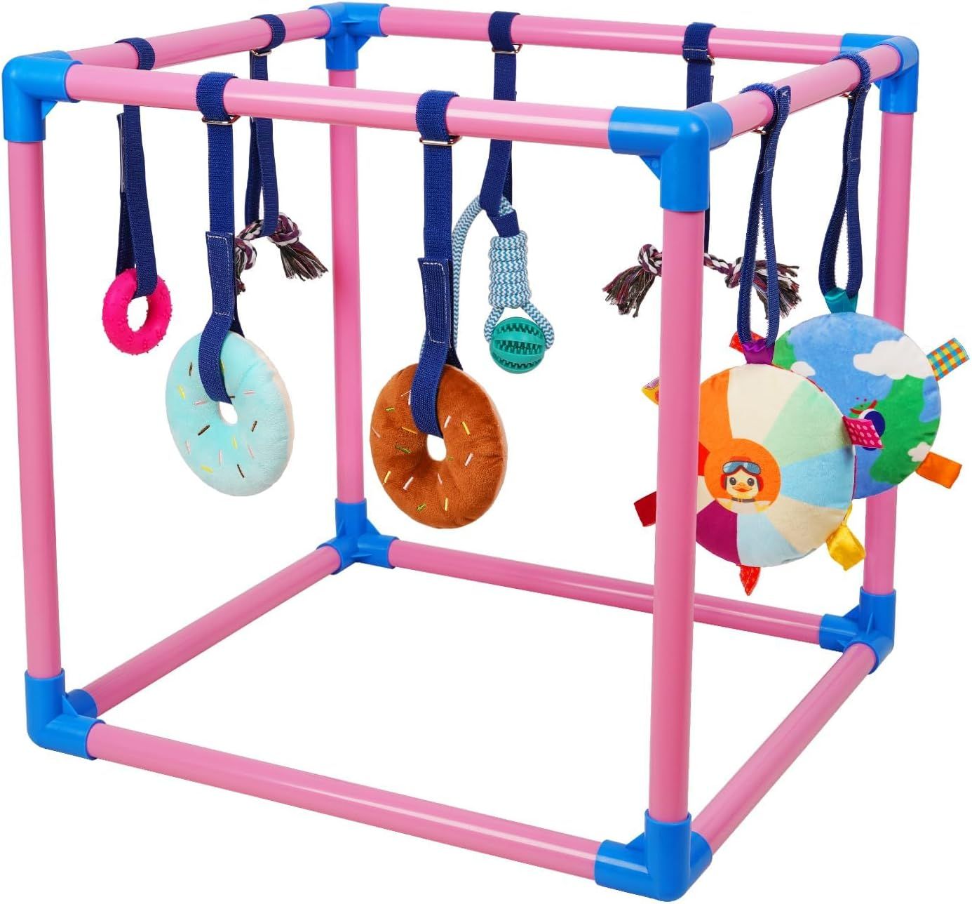Puppy play gym with hanging toys for small puppies.