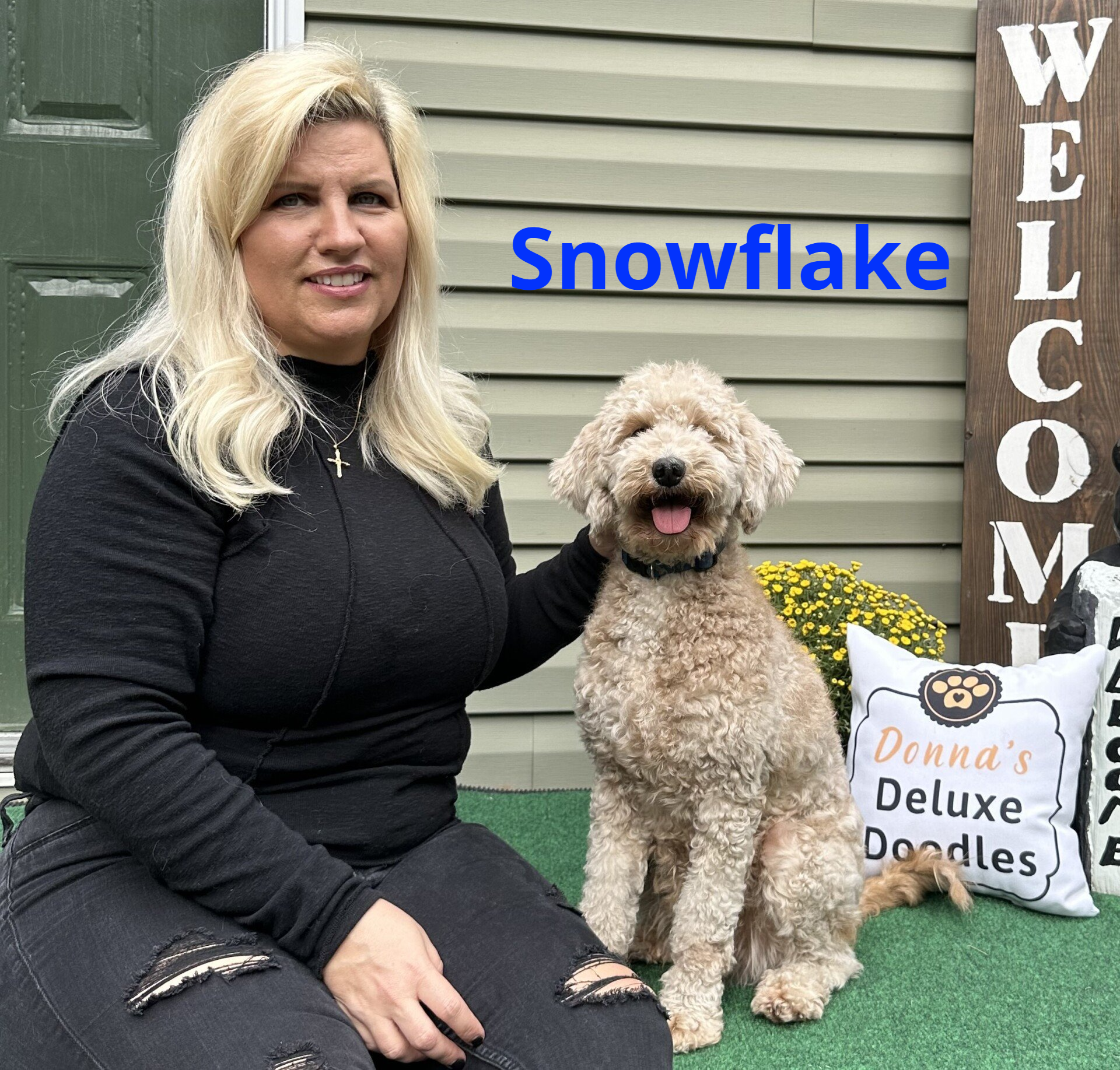 A woman is sitting on the porch with a dog.