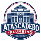 Atascadero Plumbing logo with navy and red building emblem, &ldquo;EST. 1976,&rdquo; and &ldquo;Serving our community for generations&rdquo;