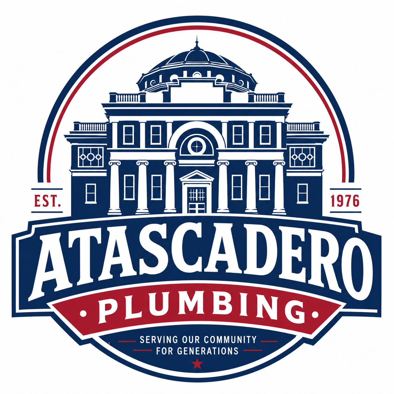 Atascadero Plumbing logo with navy and red building emblem, &ldquo;EST. 1976,&rdquo; and &ldquo;Serving our community for generations&rdquo;