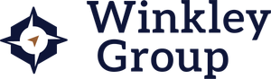 Logo for The Winkley Group. Features three houses in blue, grey, and brown with company name on a black background.