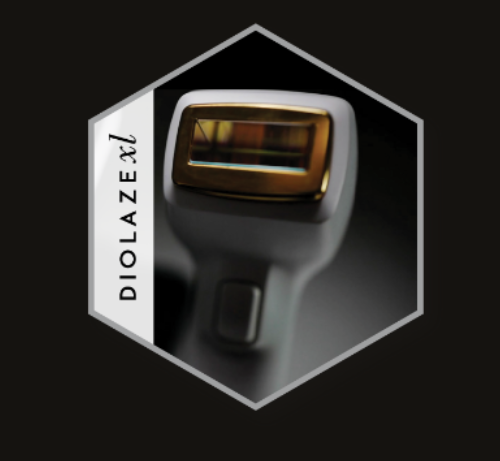 Close-up of a white and gold DiolazeXL hair removal device.