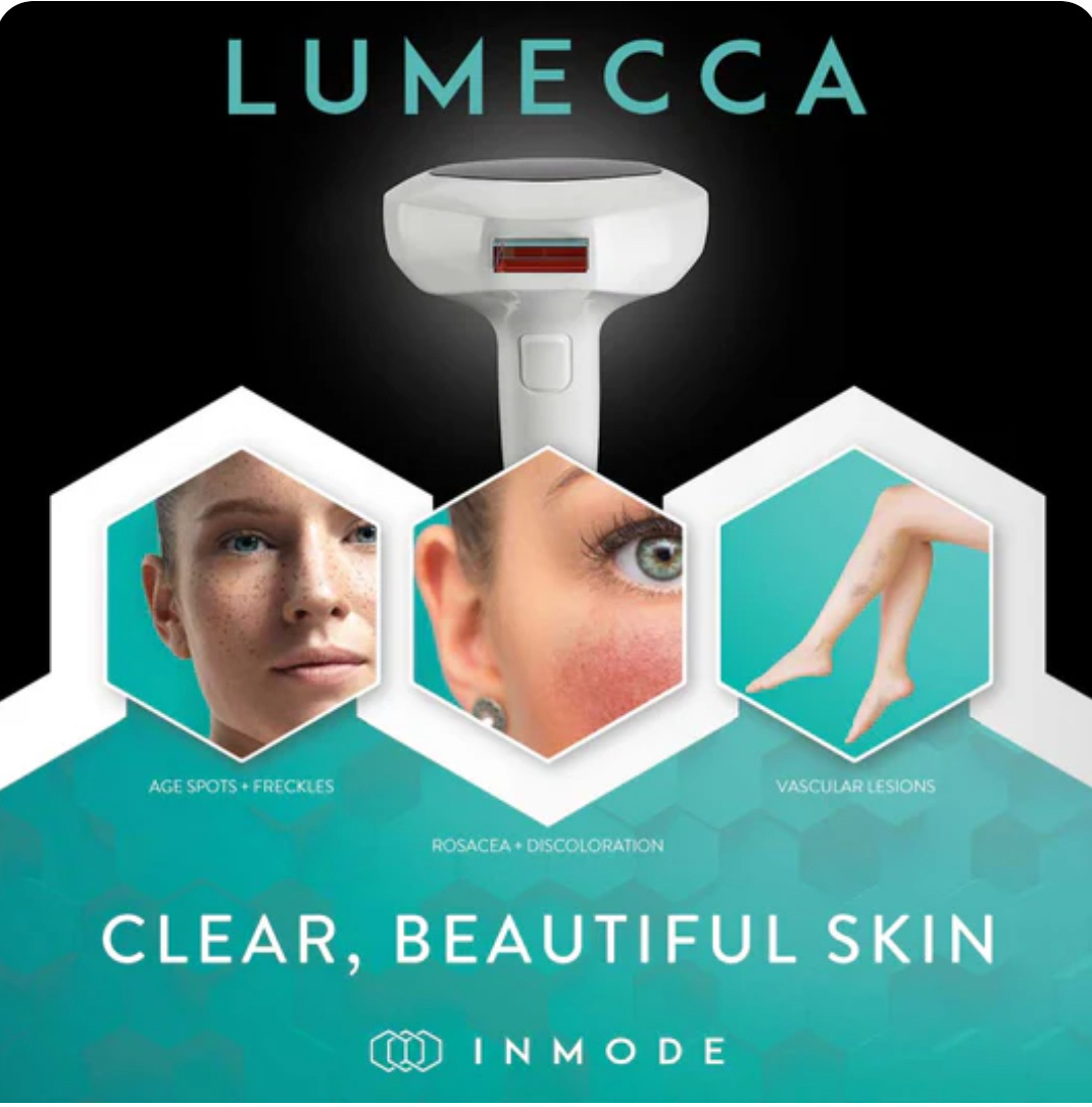 Lumecca laser device with three hexagons showing treatment areas: age spots/freckles, rosacea, vascular lesions.