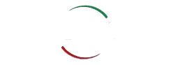 Logo astratto minimalista con pennellate curve verdi e rosse che formano un cerchio aperto su sfondo bianco.