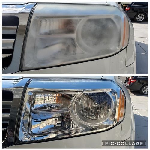 A before and after photo of a toyota tundra headlight being restored.