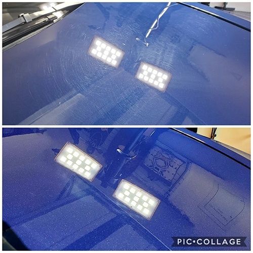 A before and after photo of a blue car hood.