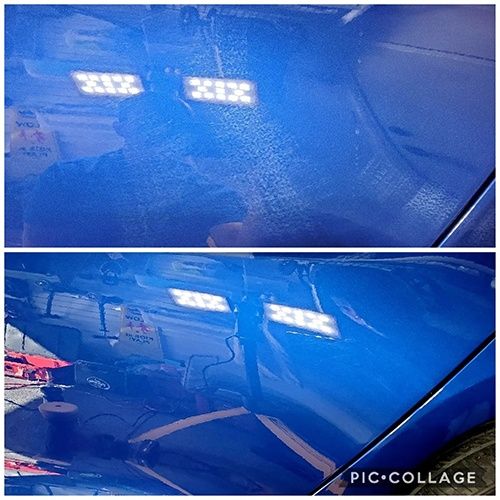 A picture of a blue car before and after being polished