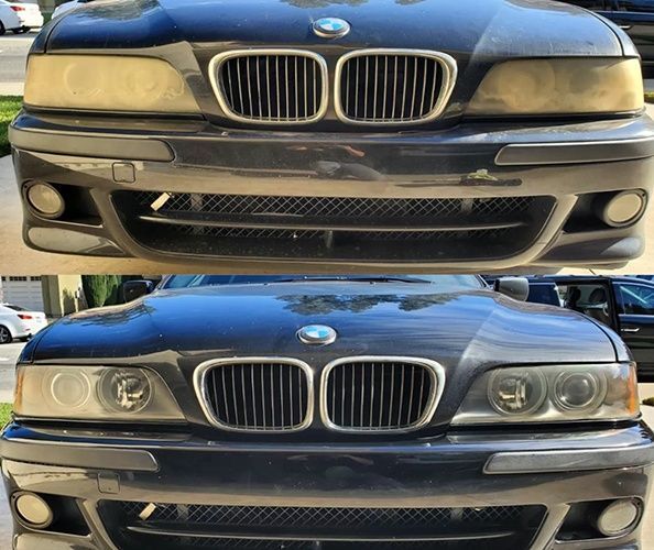A bmw is shown before and after being cleaned