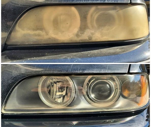 A before and after photo of a car 's headlights.