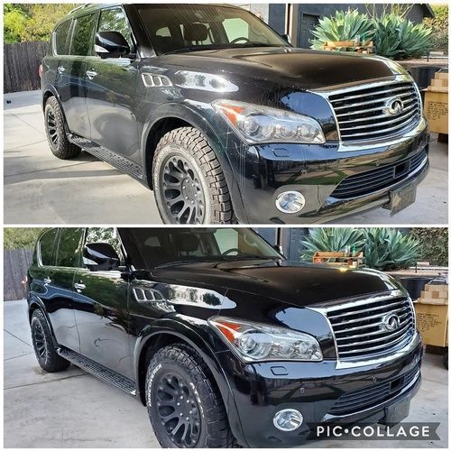 Two pictures of a black suv before and after being polished.