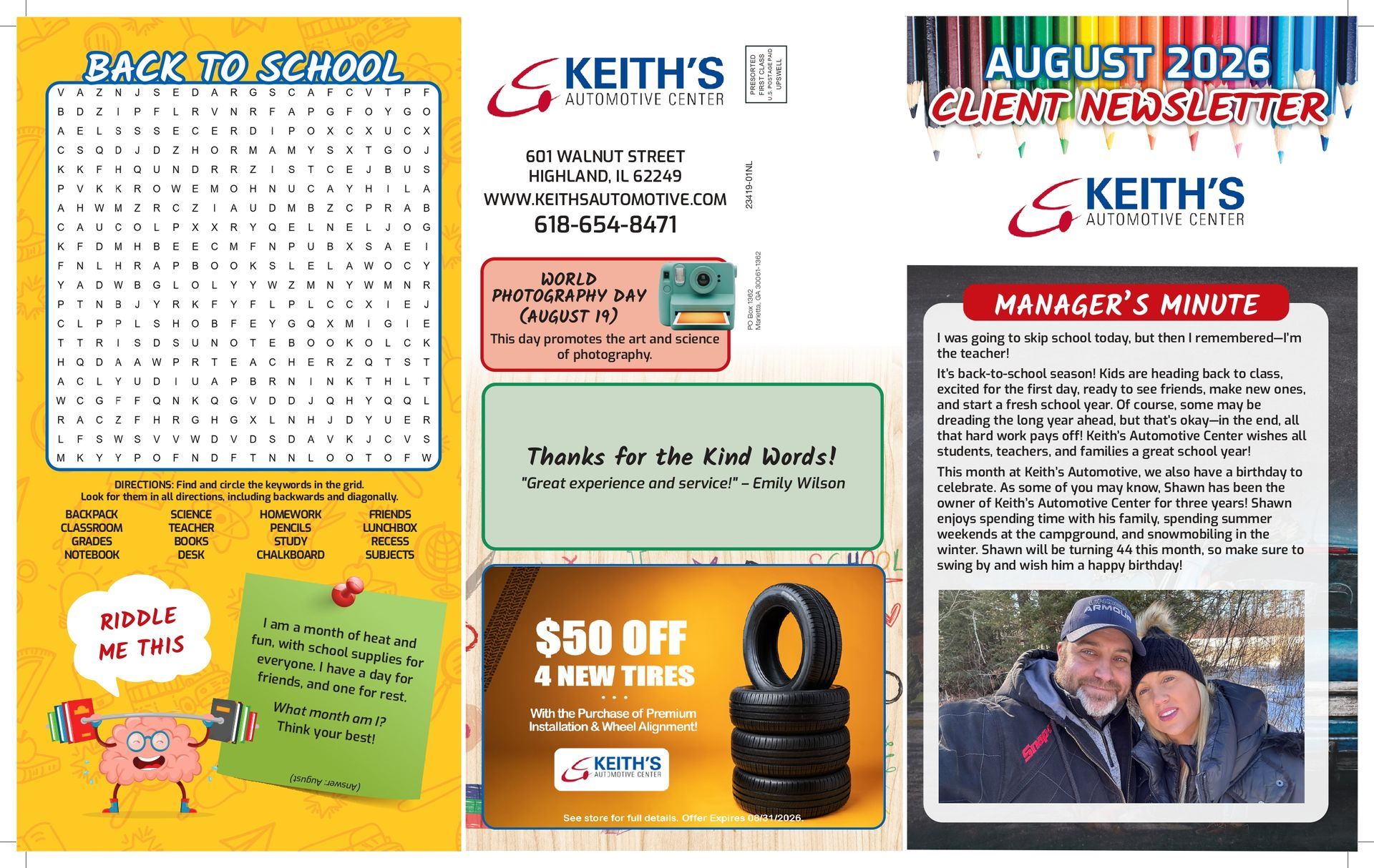 Collage of Keith’s promotional flyers: back-to-school list, event dates, and a $50 off offer with photo.