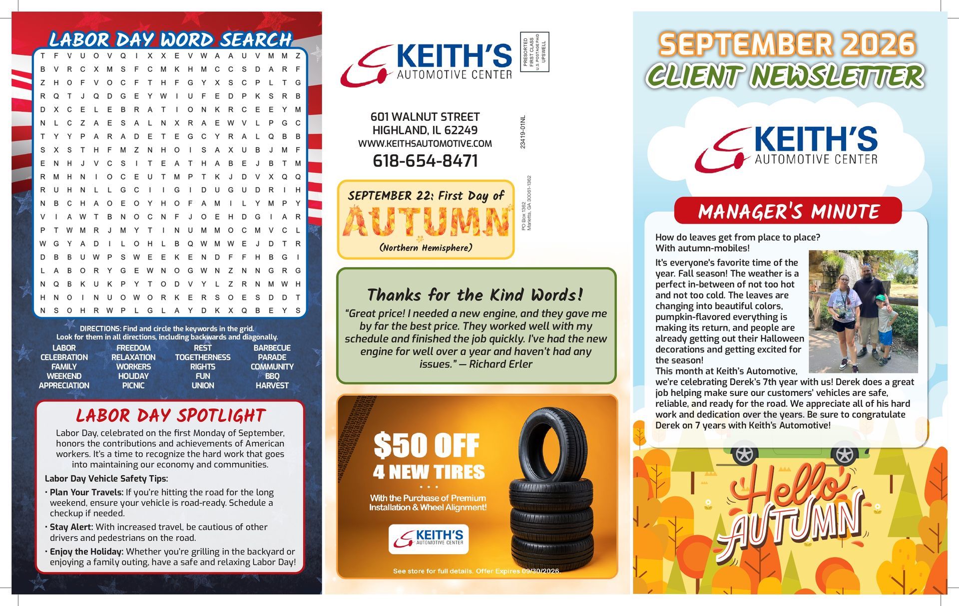 Collage of Keith’s promotional flyers: back-to-school list, event dates, and a $50 off offer with photo.