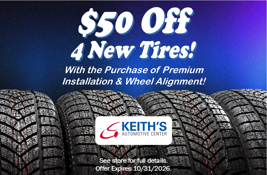 Keith’s Auto Body coupon ad: get up to $100 Visa prepaid card on collision repairs, blue and gold with car images
