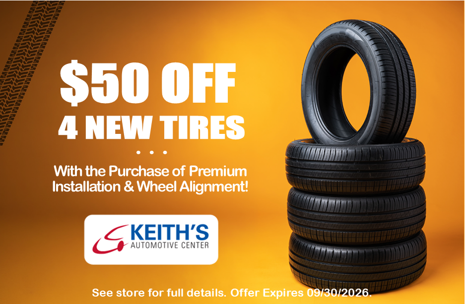 Keith’s Auto Body coupon ad: get up to $100 Visa prepaid card on collision repairs, blue and gold with car images