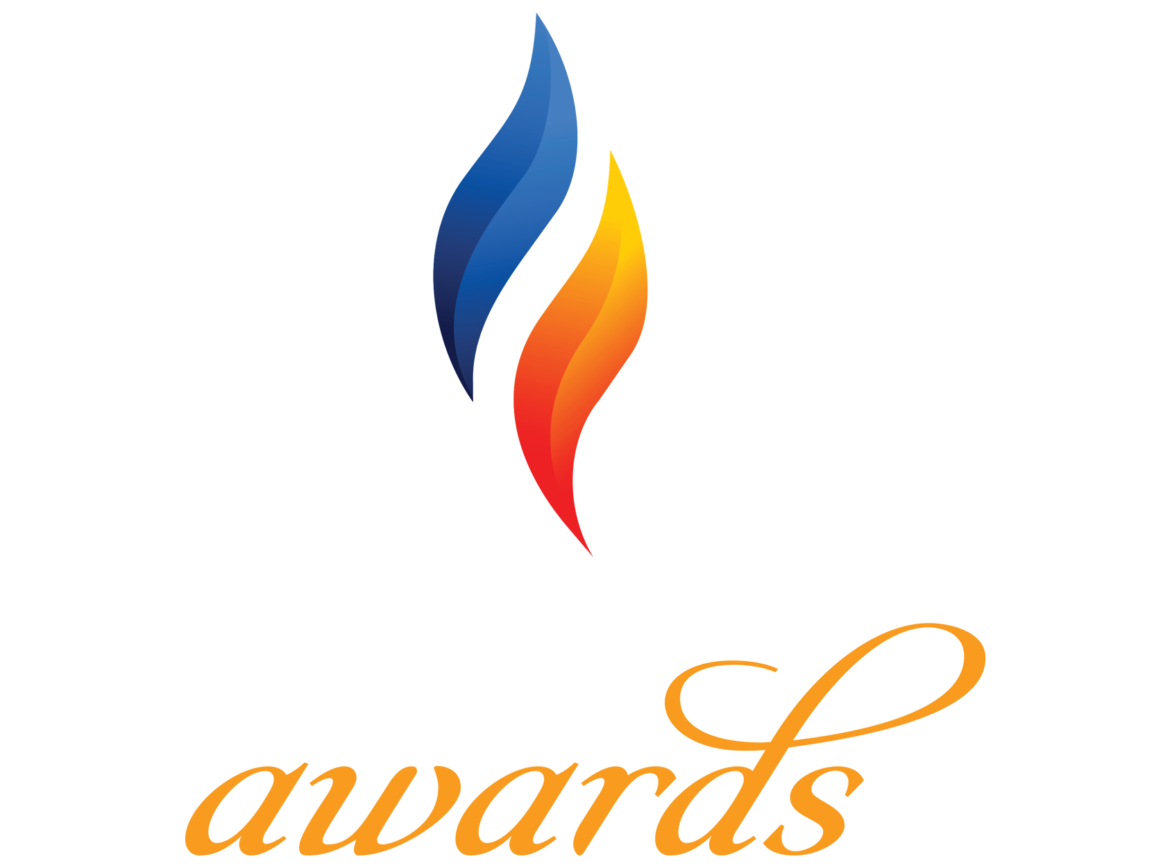 A logo for awards with a blue and red flame