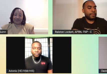Four people are on a video call including adonis