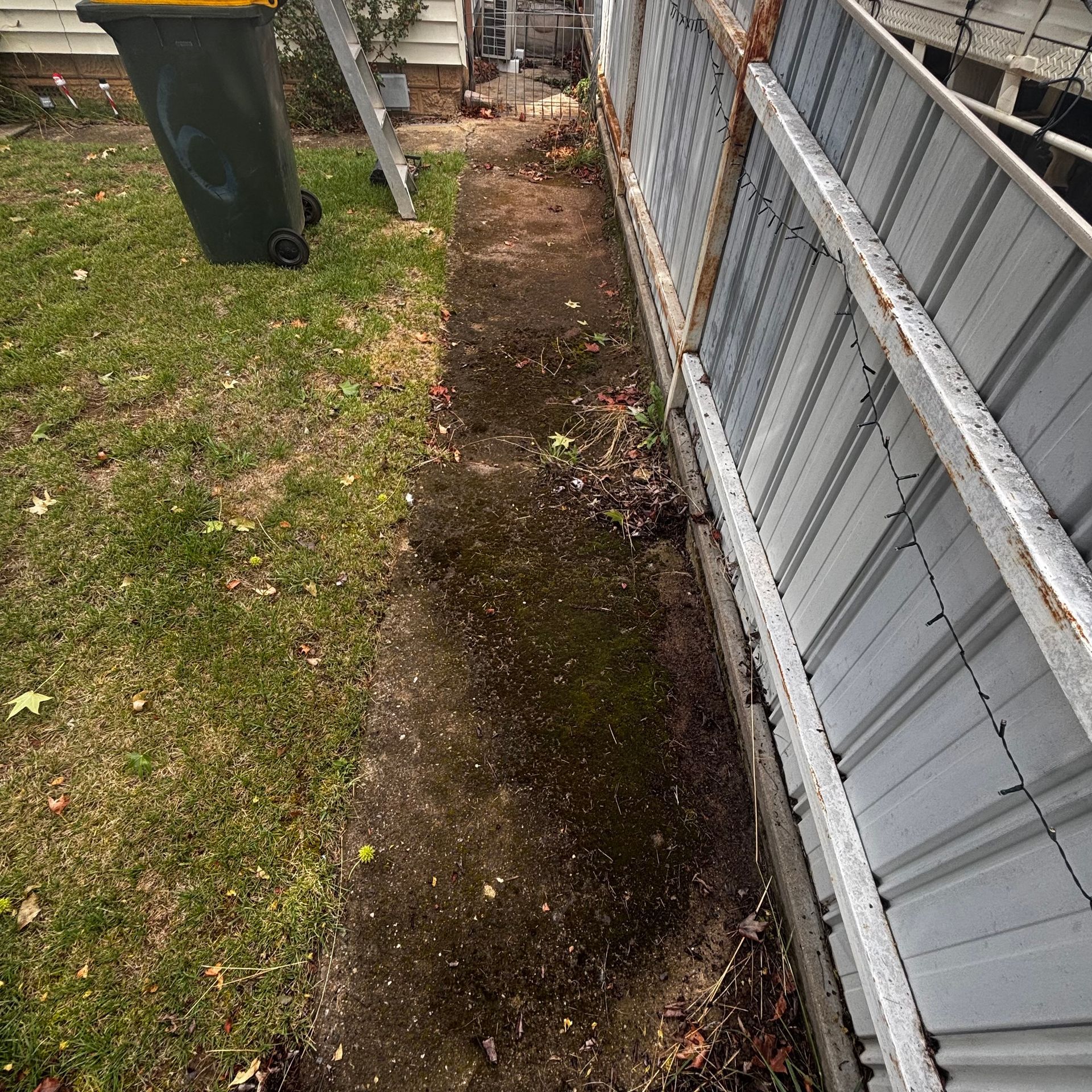 Narrow muddy strip beside a white fence and grassy yard, with a black trash bin in the background