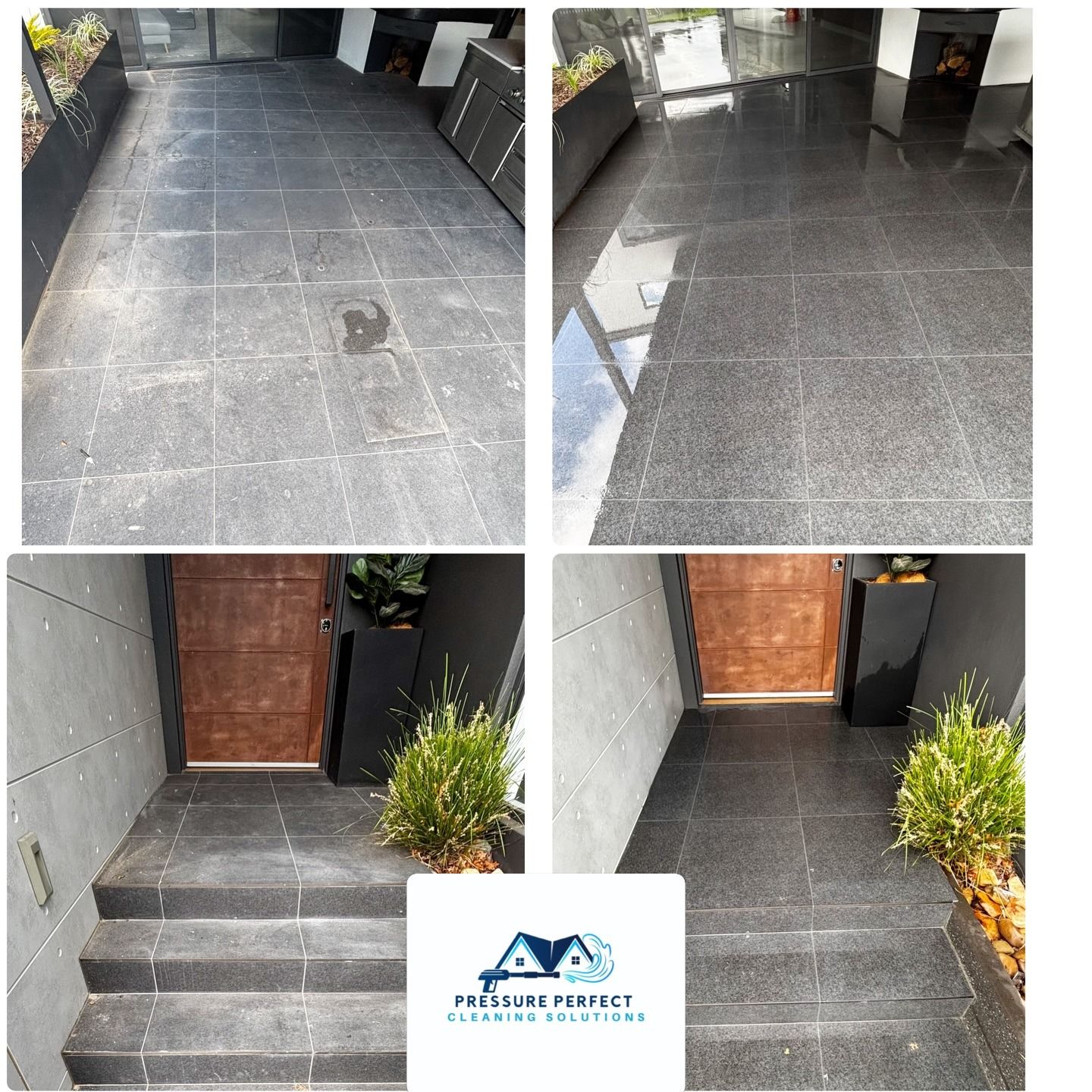 Before-and-after photos of a polished dark stone entry walkway and steps leading to a front door.
