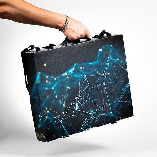 A hand carries a rectangular case featuring a dark blue and black abstract network pattern with glowing light nodes.