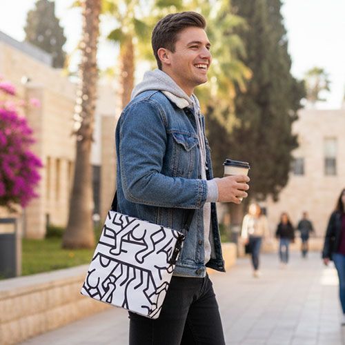 A smiling person wearing a denim jacket and grey hoodie carries a patterned shoulder bag while walking with a coffee cup.