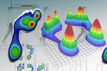 Mappa di calore colorata e grafici di superficie 3D che mostrano i picchi di intensità dei dati su uno sfondo a griglia.