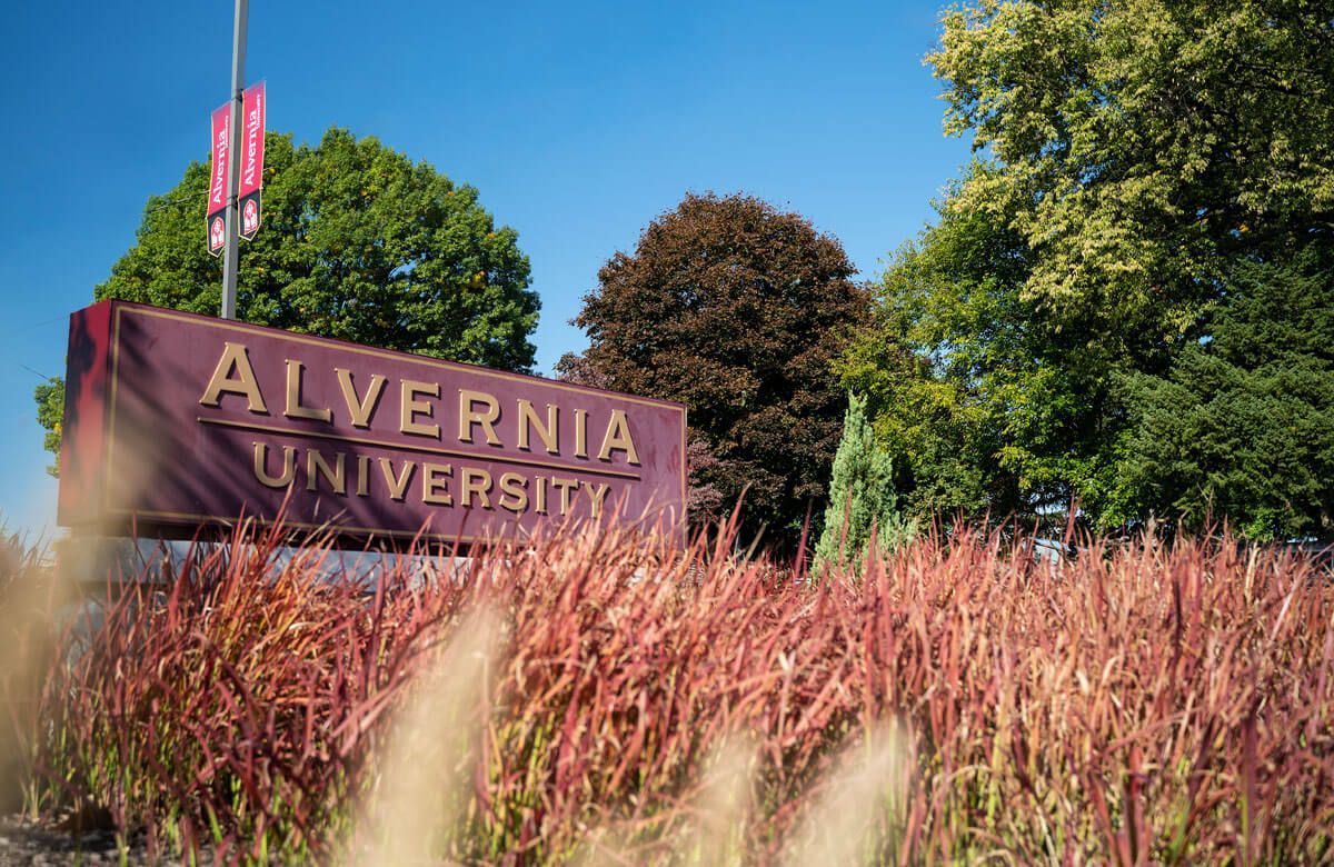 A sign for alvernia university is surrounded by tall grass and trees.