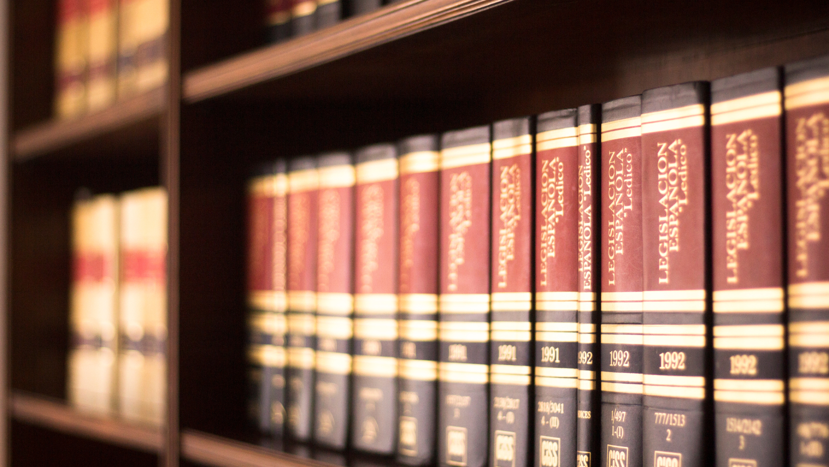 A row of books are lined up on a shelf in a library.