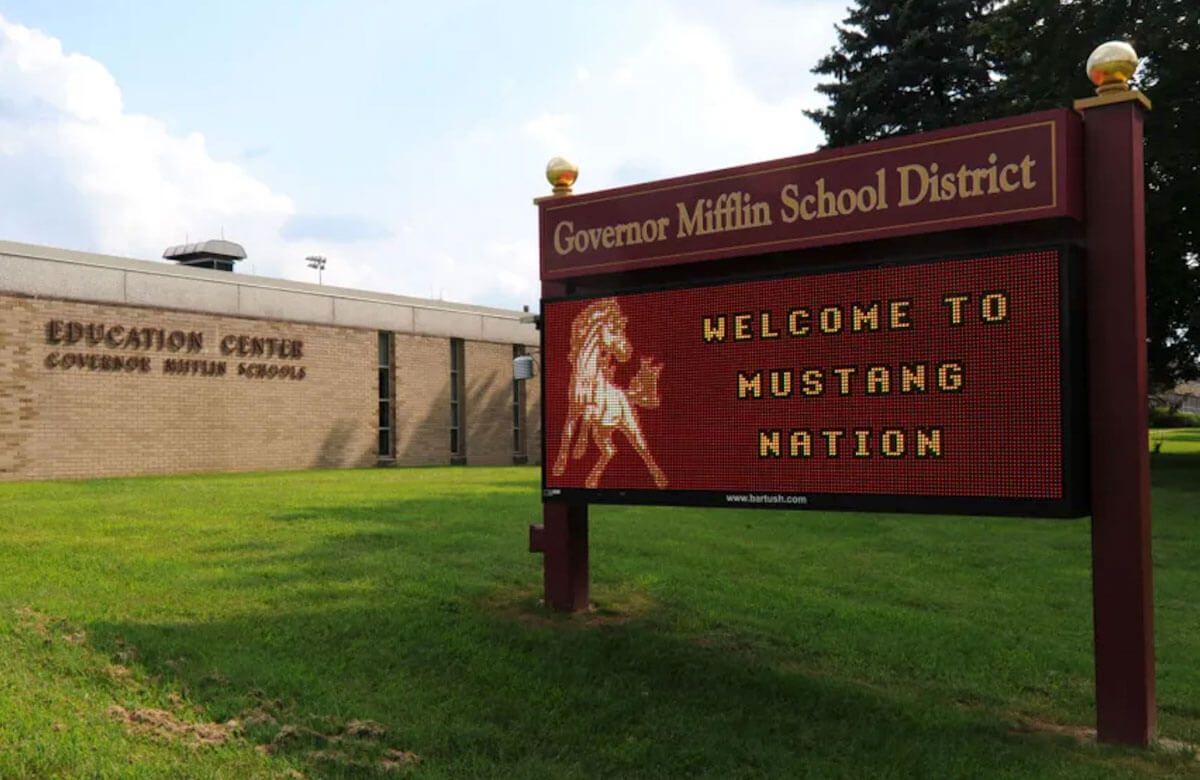 A sign for governor mifflin school district welcomes you to mustang nation