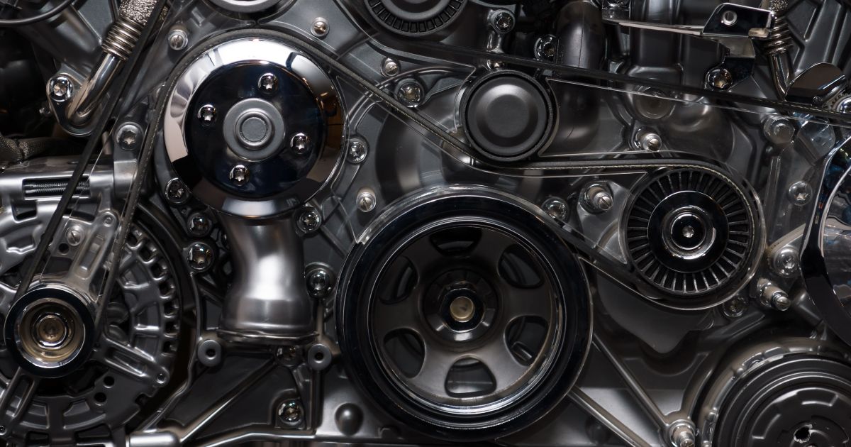 Dark mechanical gears and engine parts arranged in a dense, metallic abstract pattern | European Autowerks – Virginia Beach