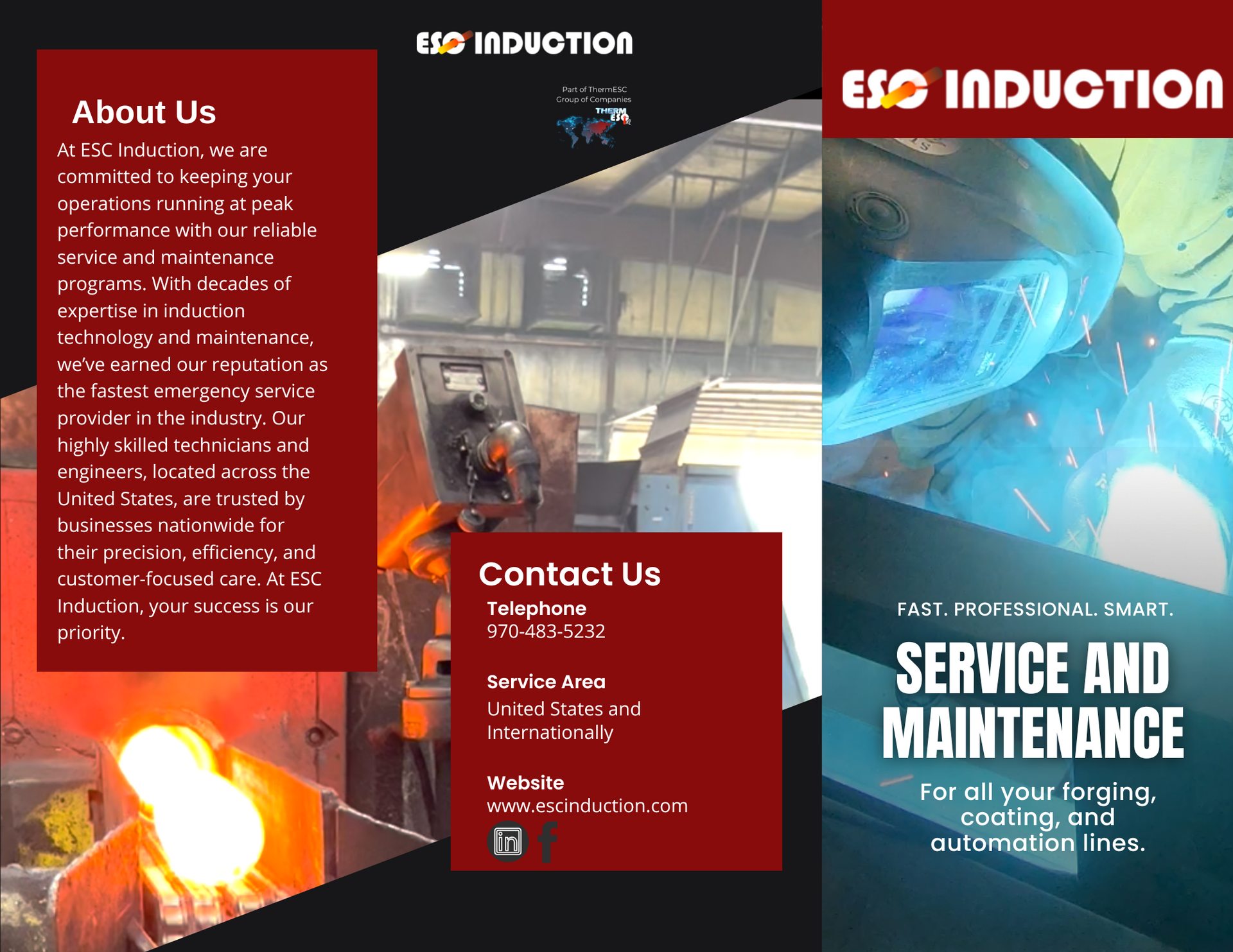 Industrial service and maintenance brochure with red panels and a furnace/machinery background.