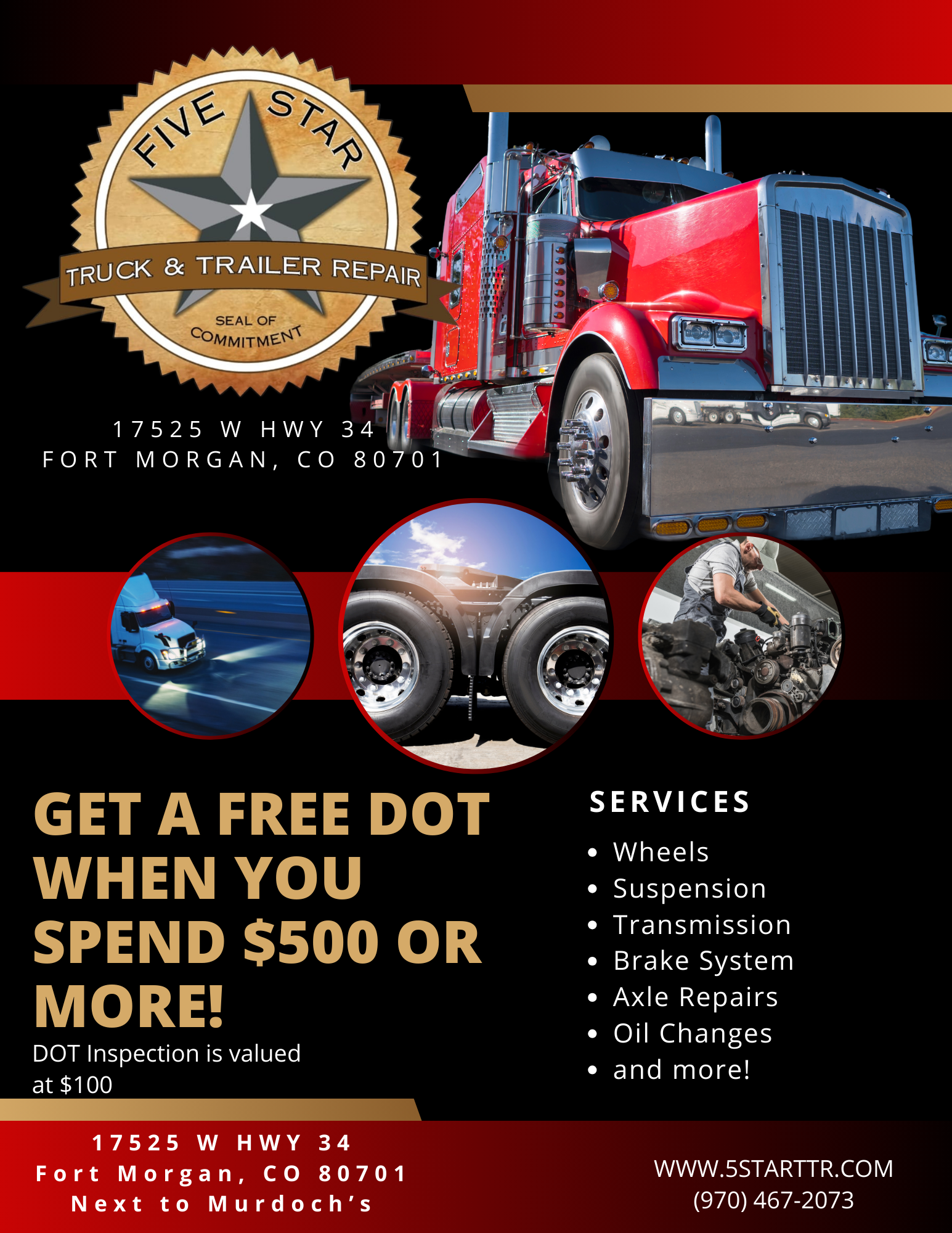 Red semi-truck ad offering free DOT inspection with services listed on black-and-red background
