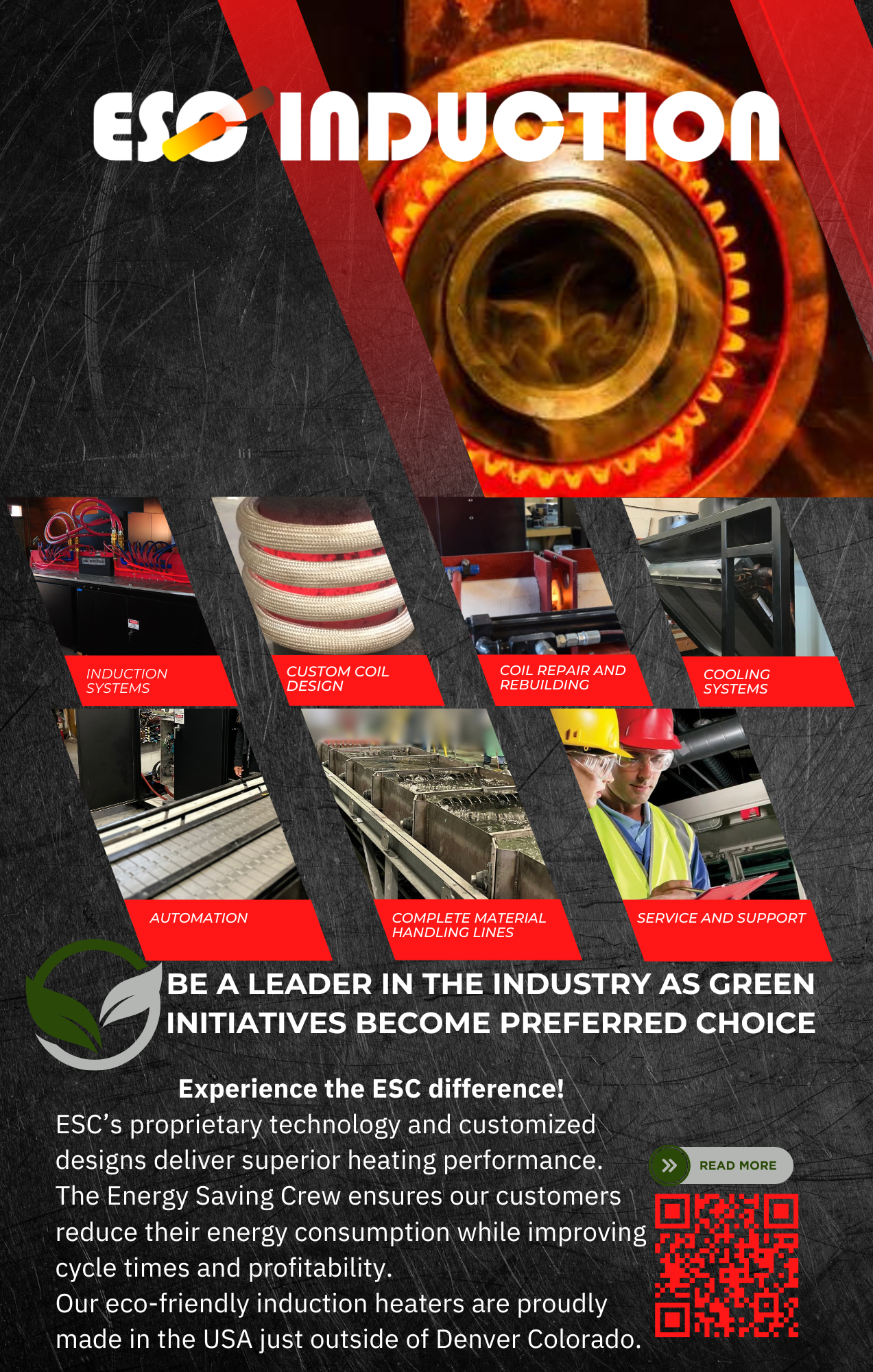 Industrial induction furnace poster with glowing orange metal, red labels, and a QR code on a dark background