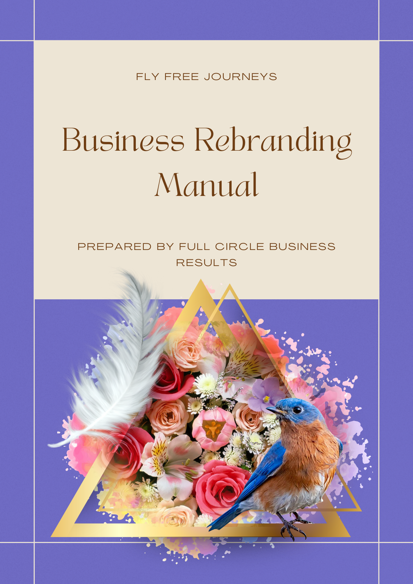 Business Rebranding Manual cover with beige title panel, purple border, and floral bouquet artwork at the bottom