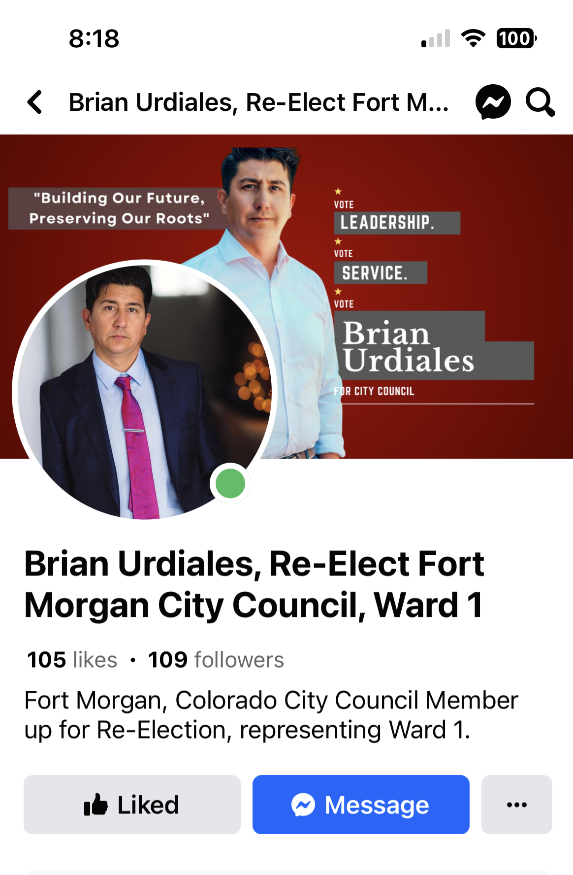 Facebook page screenshot for Brian Urdiales, profile photo, and reelection post for Fort Morgan City Council Ward 1