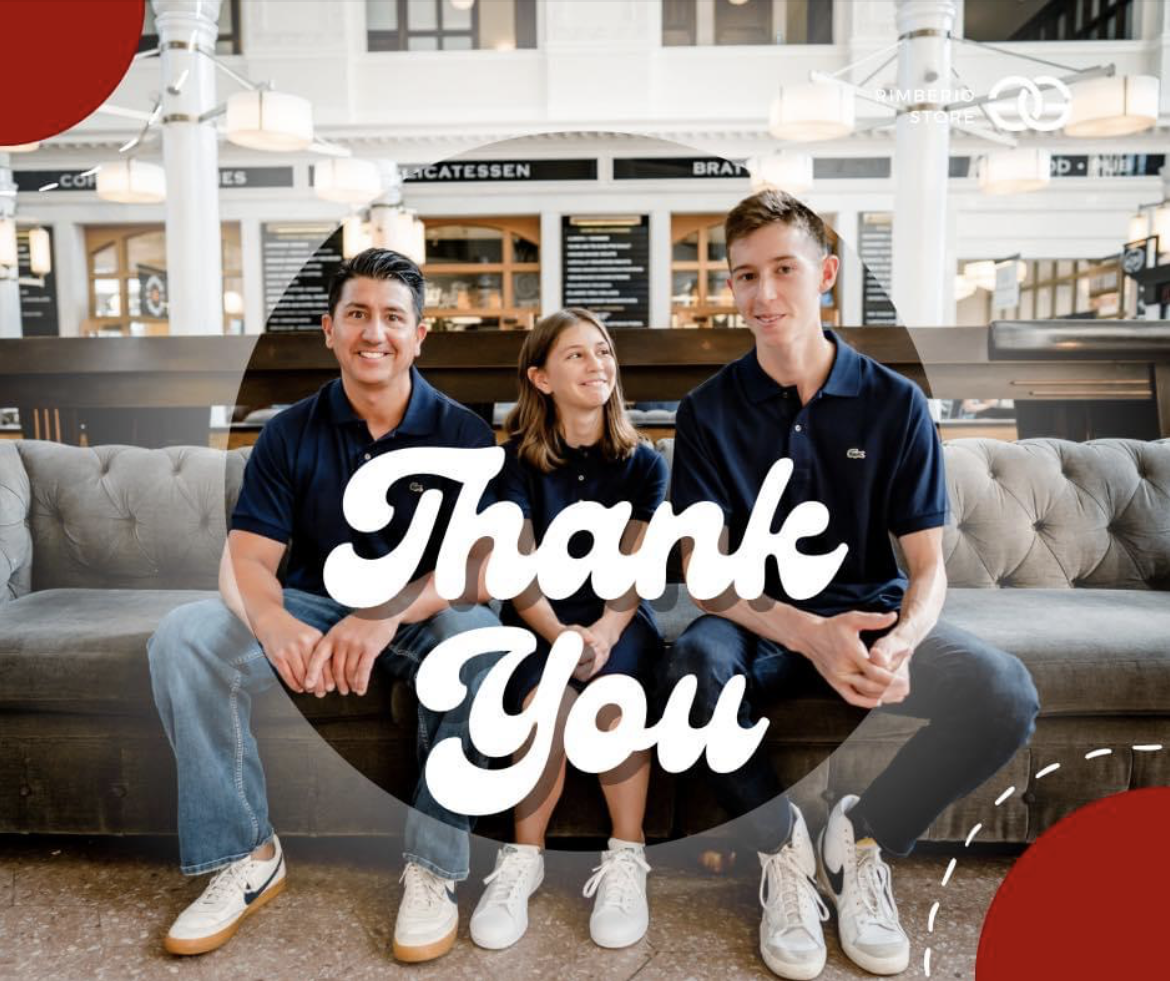 Three people sitting on a couch with a white “Thank You” message overlayed in a bright lobby.