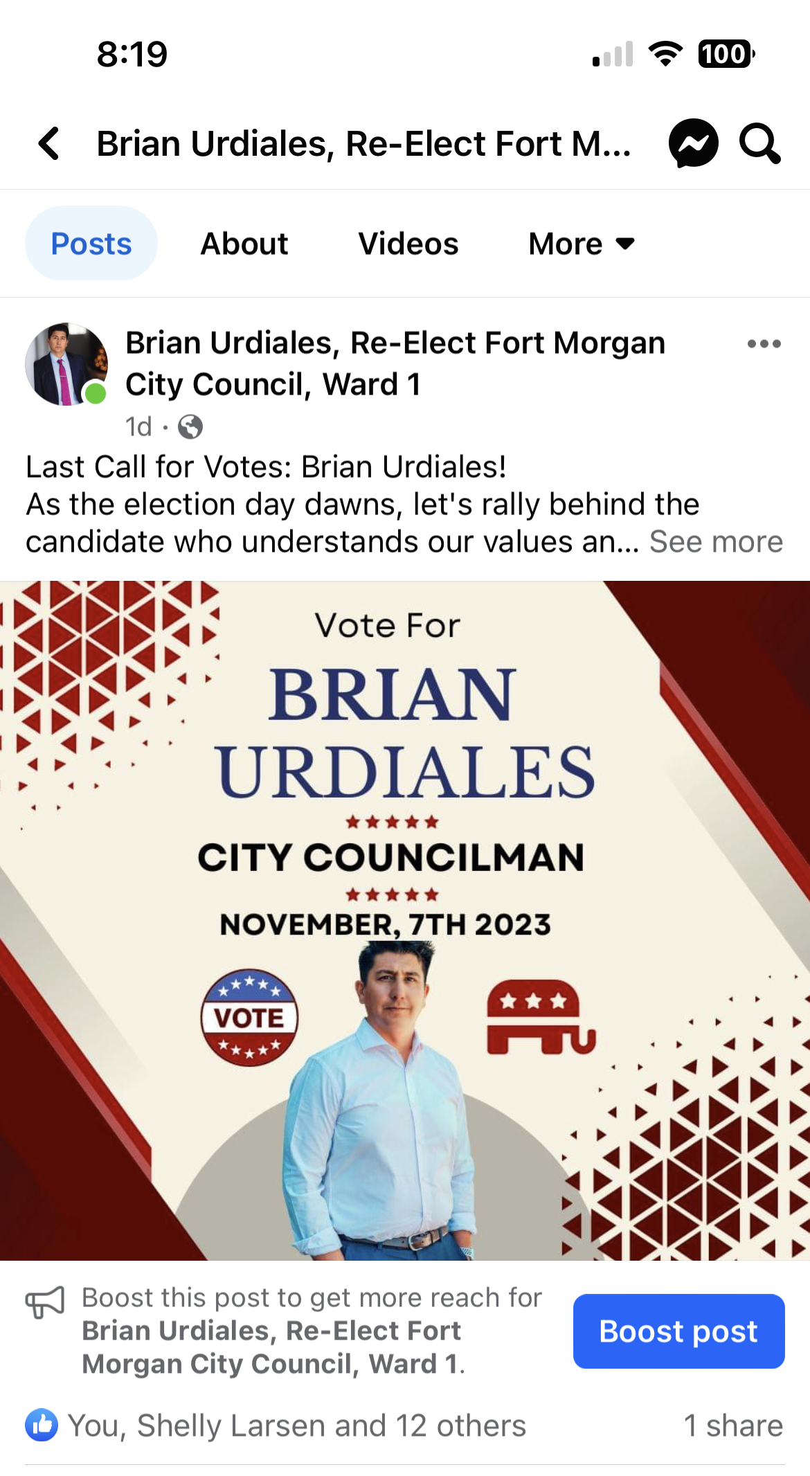 Brian Urquiales campaign poster for City Council, Ward 1, with red geometric background and candidate portrait