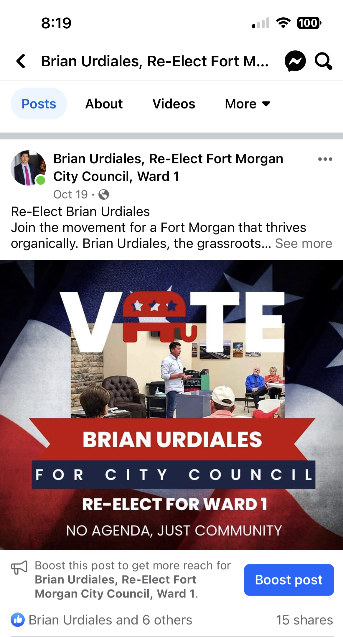 Facebook post promoting Brian Urdiales for City Council, with a bold red, white, and blue “VOTE” campaign graphic.